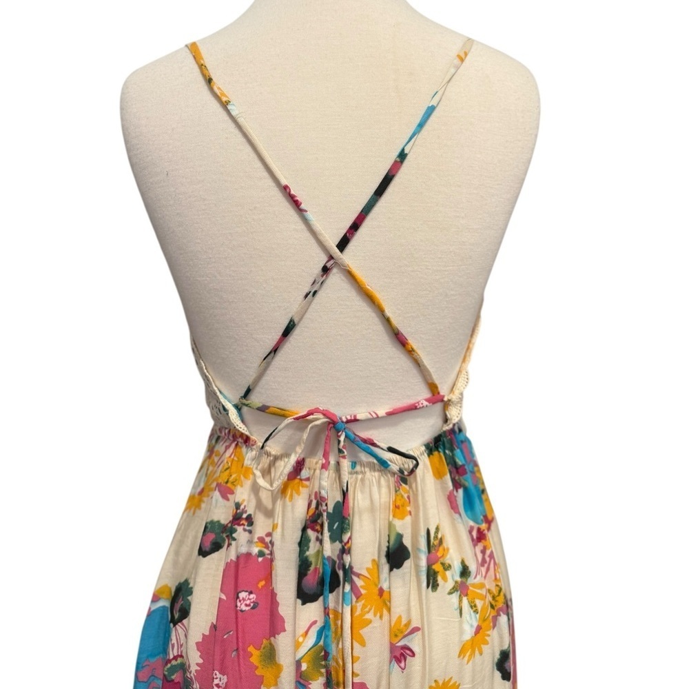 Meghan LA Floral Summer Maxi Dress Strappy Backless Lace Trim Boho Size Small - Picture 7 of 10
